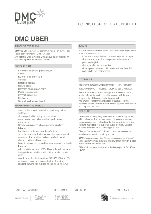 DMC Natural Paint Uber Technical Specification Sheet