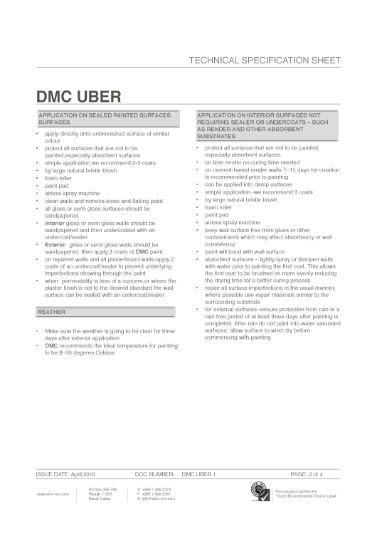 DMC Natural Paint Kalk Technical Specification Sheet