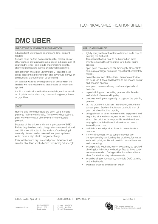 DMC Natural Paint Kalk Technical Specification Sheet